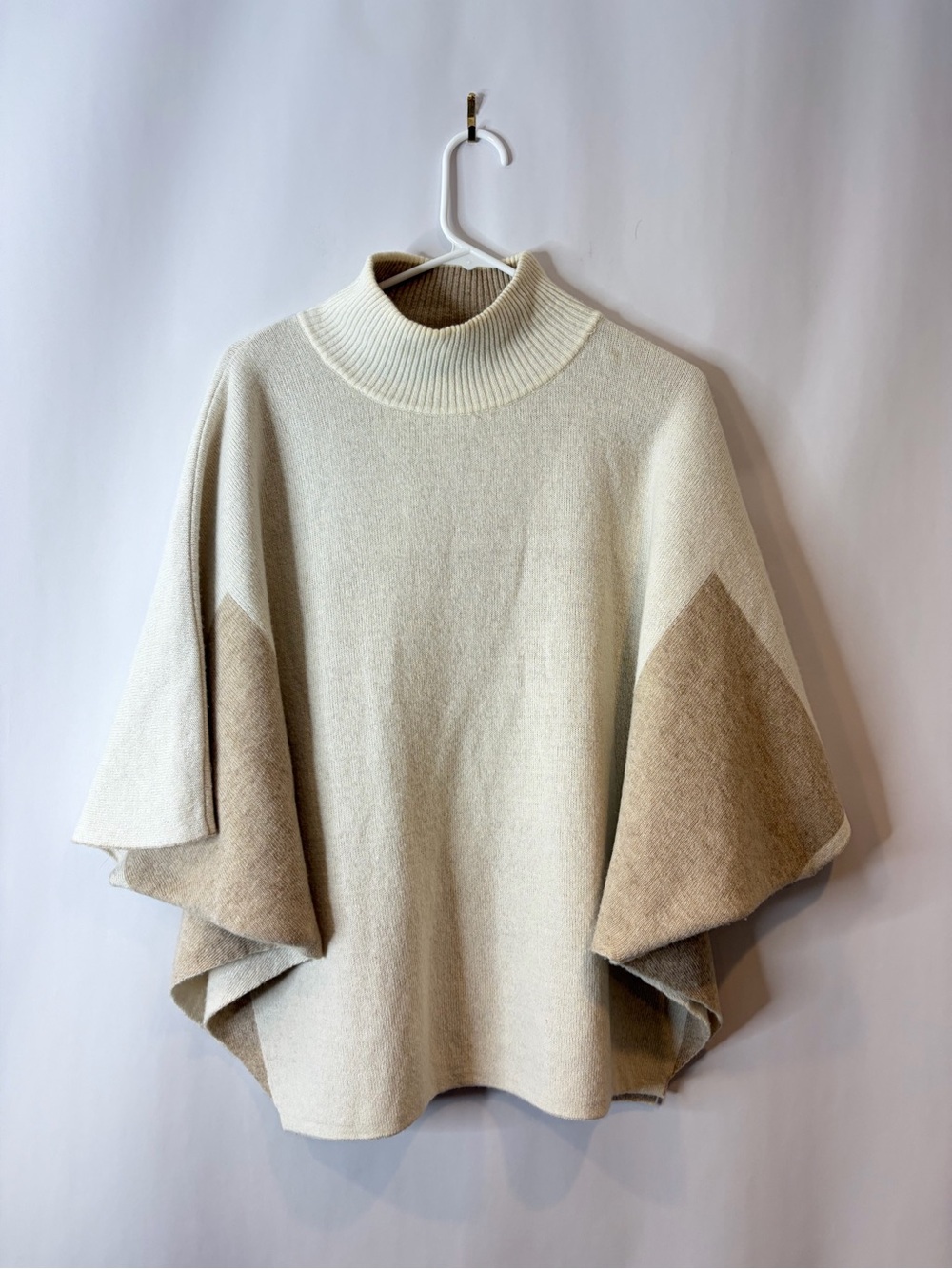 Italian Wool Cashmere Blend Batwing Cream Tan Turtleneck Poncho Sweater One size